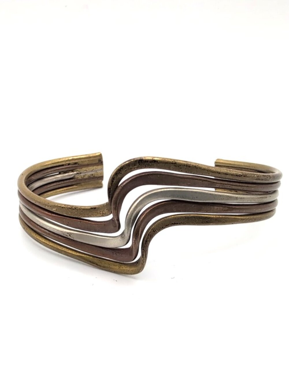 Vintage Taxco Mexico Tri-Color Cuff Bracelet Brass Copper Silver Tone Marked GUC